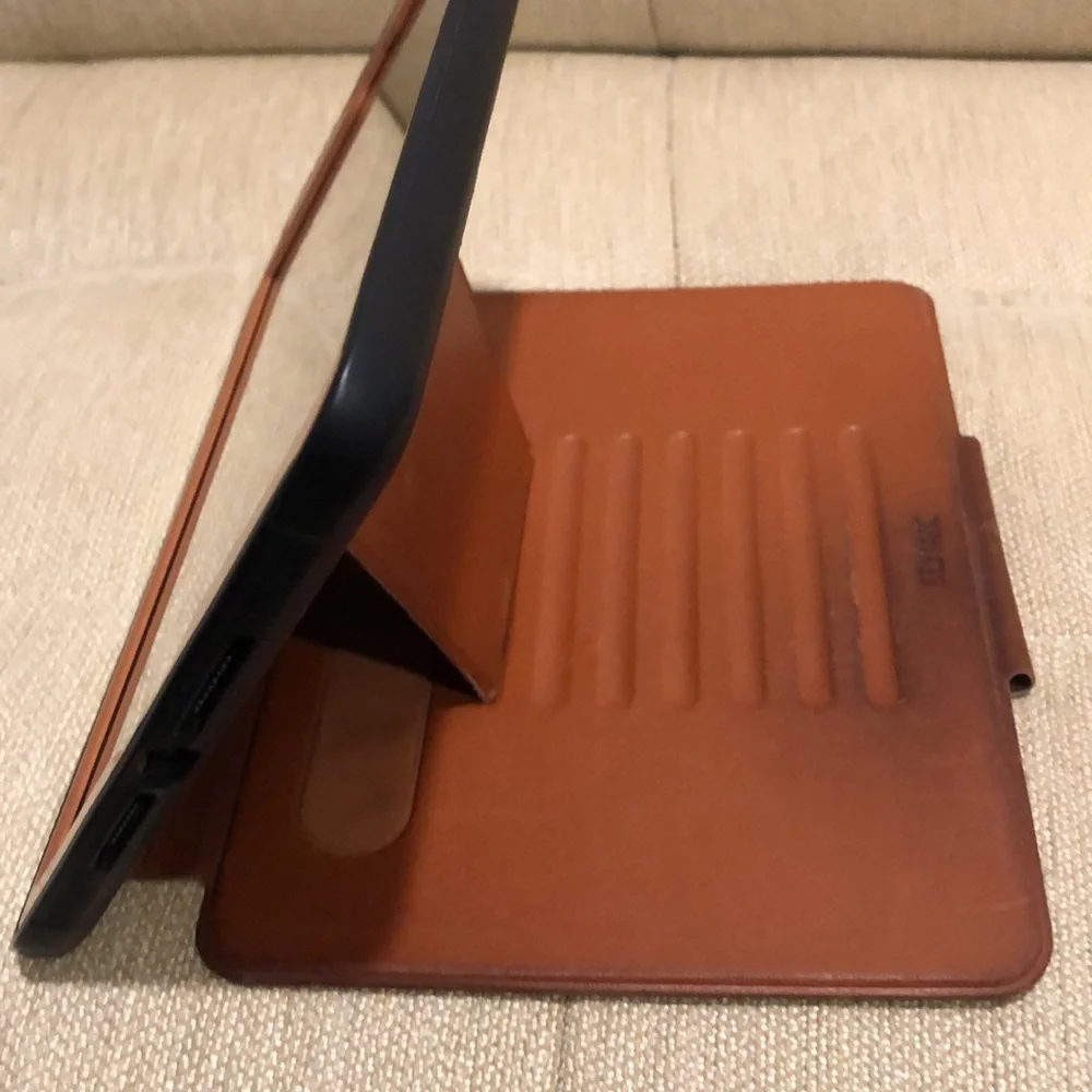 Seymac iPad leather adjustable height cover w/card slot & pen holder,used cognac
